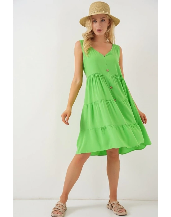 Sıfır Kol Düğmeli Kısa Elbise 2571  Yeşil