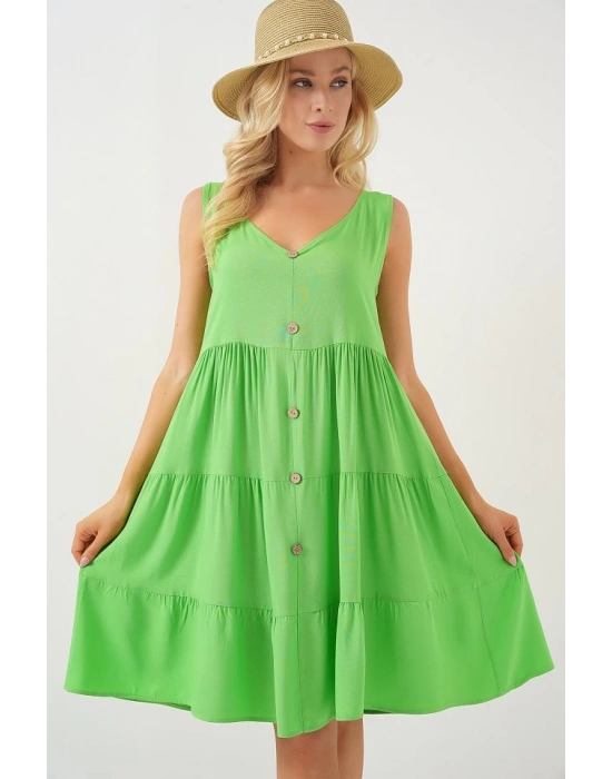 Sıfır Kol Düğmeli Kısa Elbise 2571  Yeşil