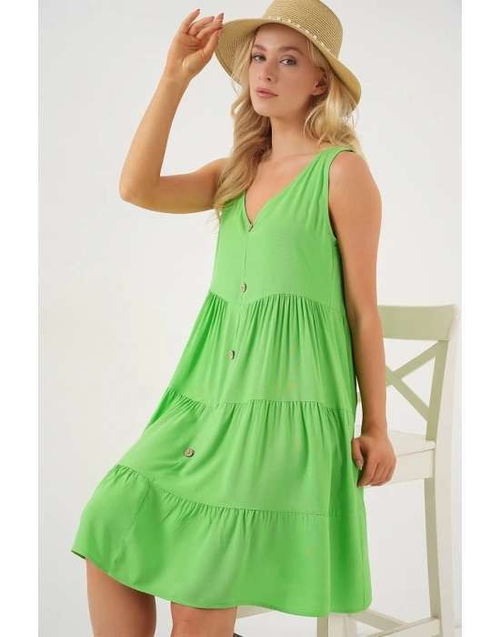 Sıfır Kol Düğmeli Kısa Elbise 2571  Yeşil