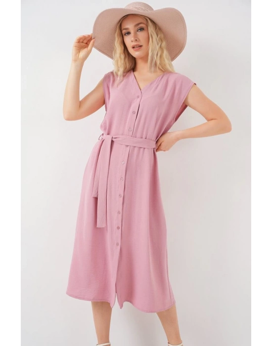 Sıfır Kol Kuşaklı Ayrobin Elbise 2568  Pudra