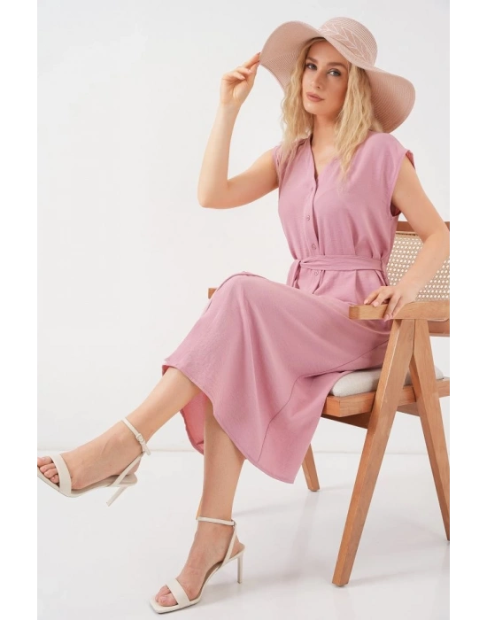 Sıfır Kol Kuşaklı Ayrobin Elbise 2568  Pudra