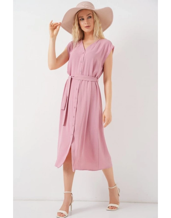 Sıfır Kol Kuşaklı Ayrobin Elbise 2568  Pudra