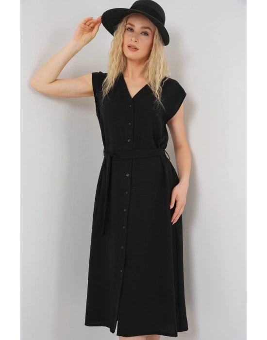 Sıfır Kol Kuşaklı Ayrobin Elbise 2568  Siyah