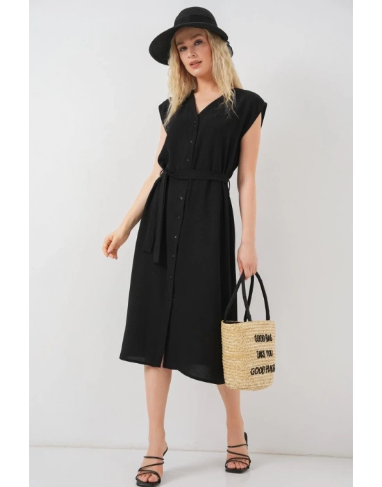 Sıfır Kol Kuşaklı Ayrobin Elbise 2568  Siyah