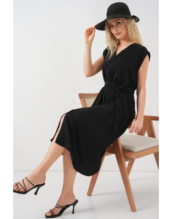 Sıfır Kol Kuşaklı Ayrobin Elbise 2568  Siyah