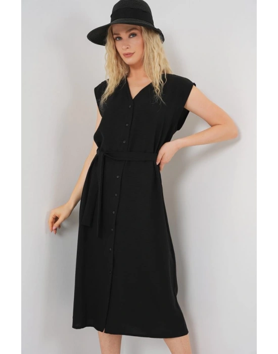 Sıfır Kol Kuşaklı Ayrobin Elbise 2568  Siyah