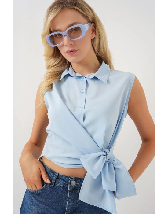 Sıfır Kol Önü Bağlamalı Gömlek 20340  Mavi