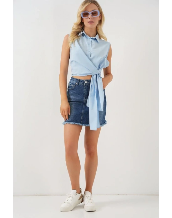 Sıfır Kol Önü Bağlamalı Gömlek 20340  Mavi
