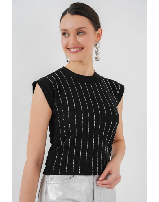 Sıfır Kol Taşlı Bluz 931  Siyah
