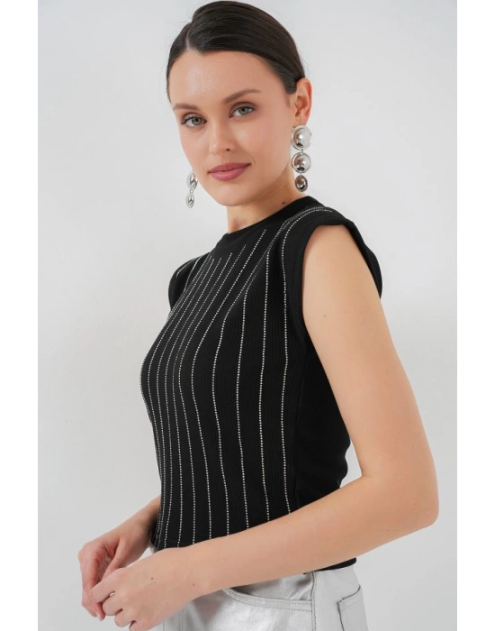 Sıfır Kol Taşlı Bluz 931  Siyah