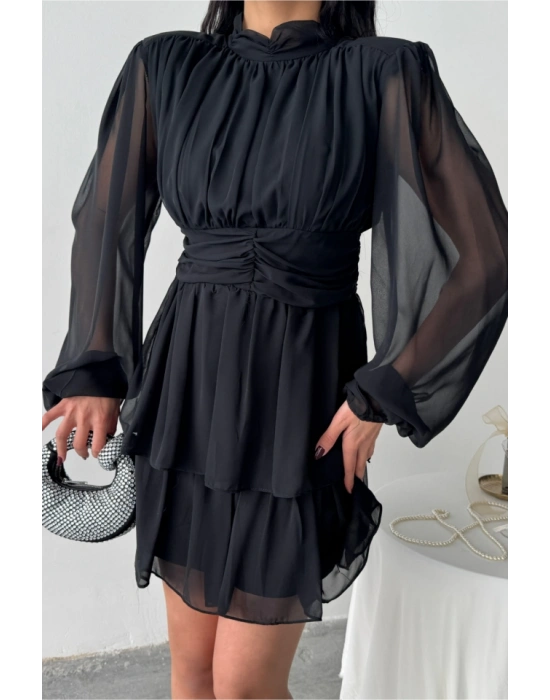 ŞİFON KATLI UZUN KOL ELBİSE  Siyah