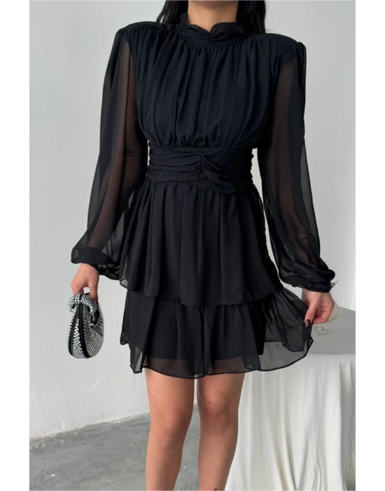 ŞİFON KATLI UZUN KOL ELBİSE  Siyah