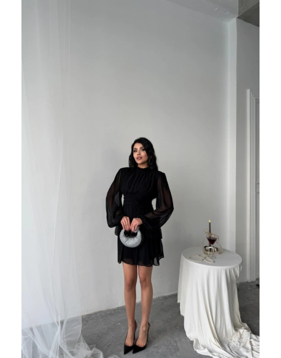 ŞİFON KATLI UZUN KOL ELBİSE  Siyah