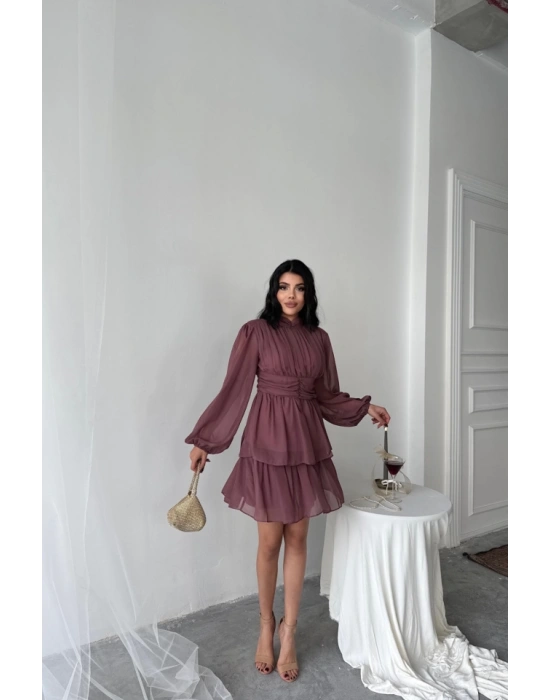 ŞİFON KATLI UZUN KOL ELBİE  Pudra