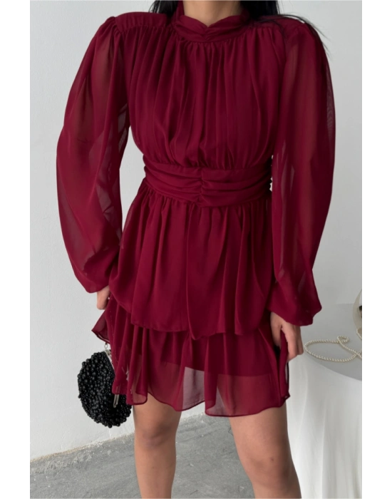 ŞİFON KATLI UZUN KOL ELBİSE  Bordo