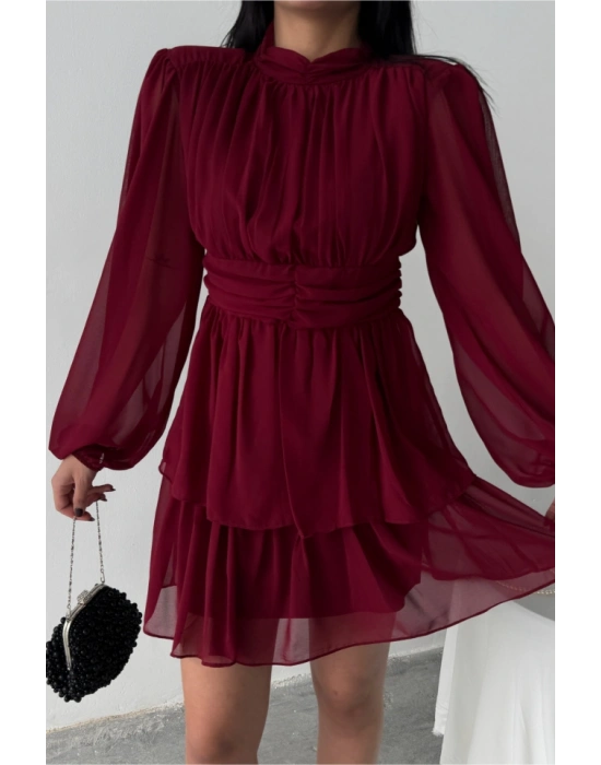 ŞİFON KATLI UZUN KOL ELBİSE  Bordo