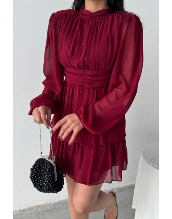 ŞİFON KATLI UZUN KOL ELBİSE  Bordo