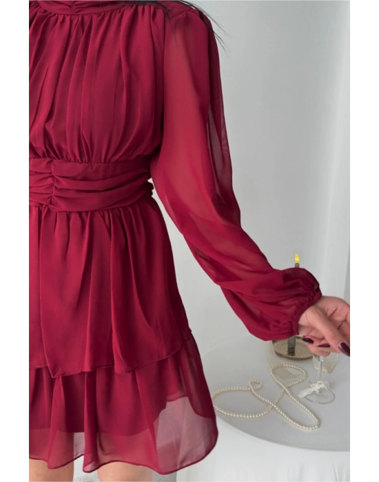 ŞİFON KATLI UZUN KOL ELBİSE  Bordo