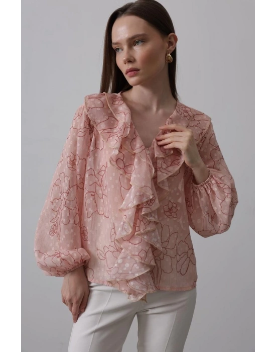 Simli Fırfırlı Gömlek  Somon