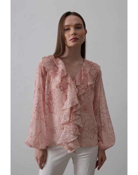 Simli Fırfırlı Gömlek  Somon