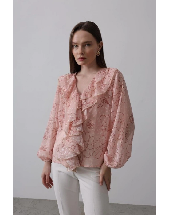 Simli Fırfırlı Gömlek  Somon