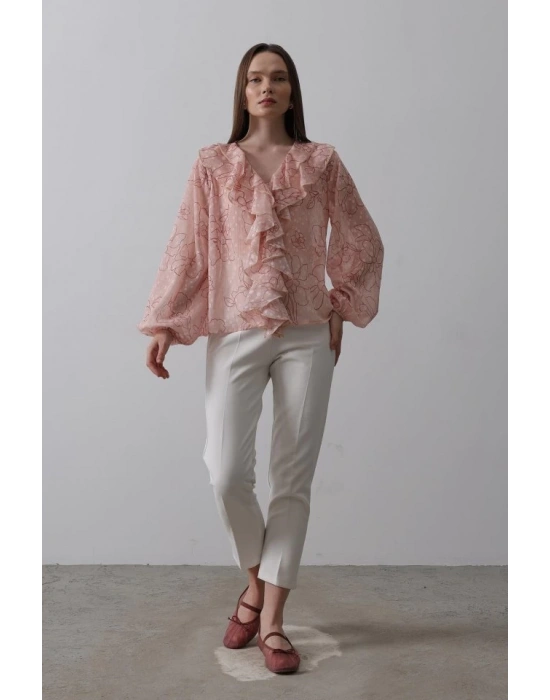 Simli Fırfırlı Gömlek  Somon