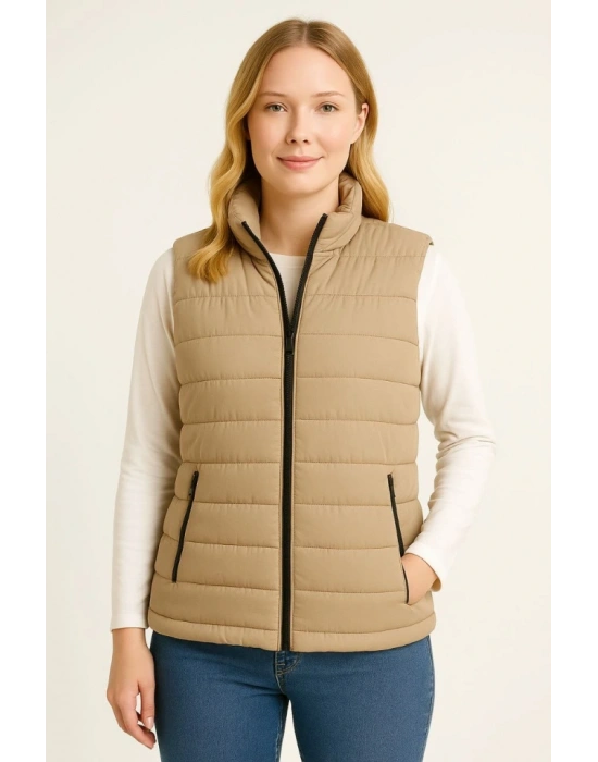 Şişme Fermuarlı Yelek u Itici Kapitone Astarlı Kumaş Cepli Hafif Kışlık por Rahat Kalıp  Bej