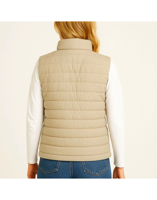 Şişme Fermuarlı Yelek u Itici Kapitone Astarlı Kumaş Cepli Hafif Kışlık por Rahat Kalıp  Bej