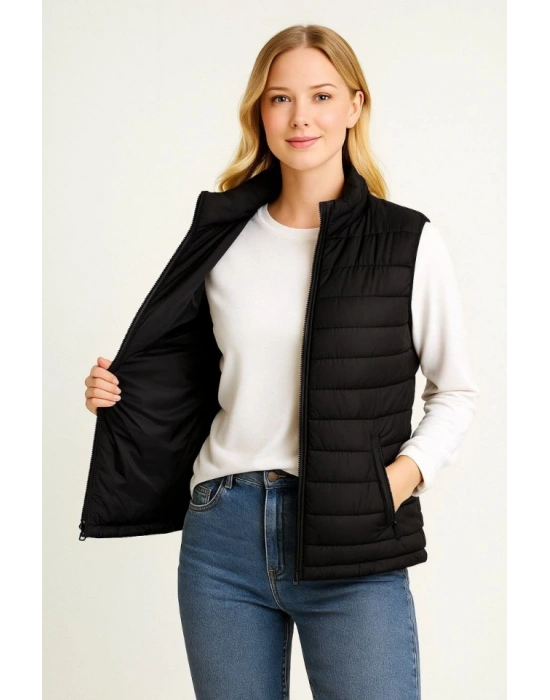 Şişme Fermuarlı Yelek u Itici Kapitone Astarlı Kumaş Cepli Hafif Kışlık por Rahat Kalıp  iyah