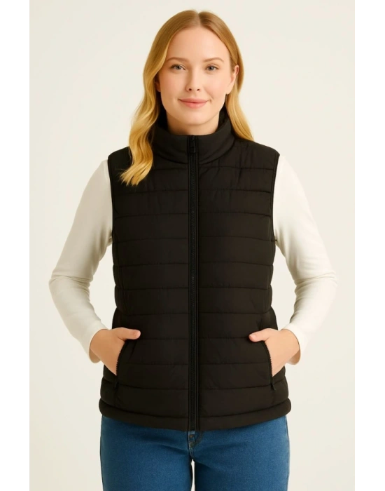 Şişme Fermuarlı Yelek u Itici Kapitone Astarlı Kumaş Cepli Hafif Kışlık por Rahat Kalıp  iyah