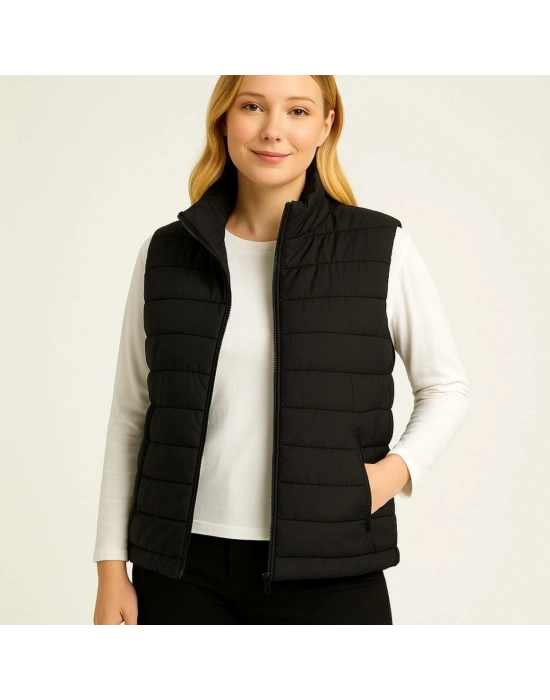 Şişme Fermuarlı Yelek u Itici Kapitone Astarlı Kumaş Cepli Hafif Kışlık por Rahat Kalıp  iyah