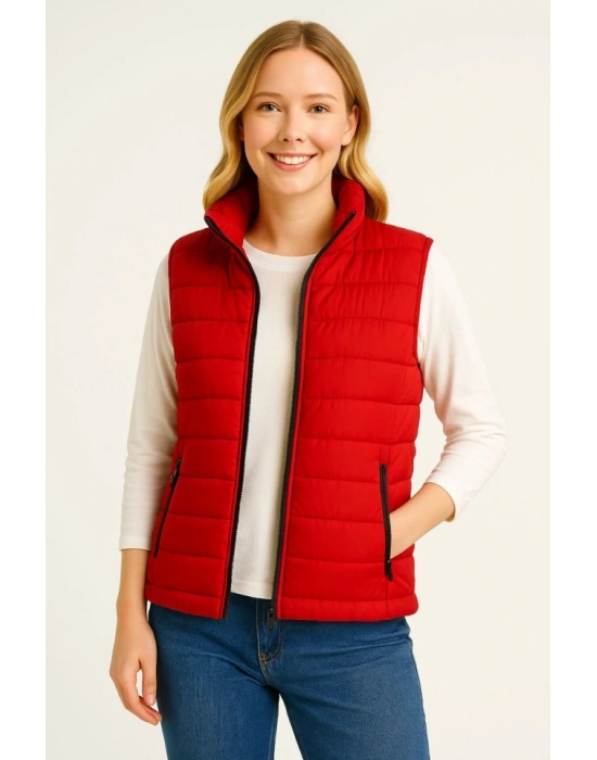 Şişme Fermuarlı Yelek u Itici Kapitone Astarlı Kumaş Cepli Hafif Kışlık por Rahat Kalıp  Kırmızı