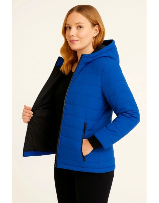 Şişme Kapüşonlu Fermuarlı ont u Itici Kapitone Astarlı Kumaş Cepli Kışlık Rahat Kalıp   aks avisi