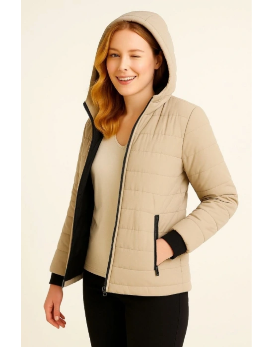 Şişme Kapüşonlu Fermuarlı ont u Itici Kapitone Astarlı Kumaş Cepli Kışlık Rahat Kalıp  Bej