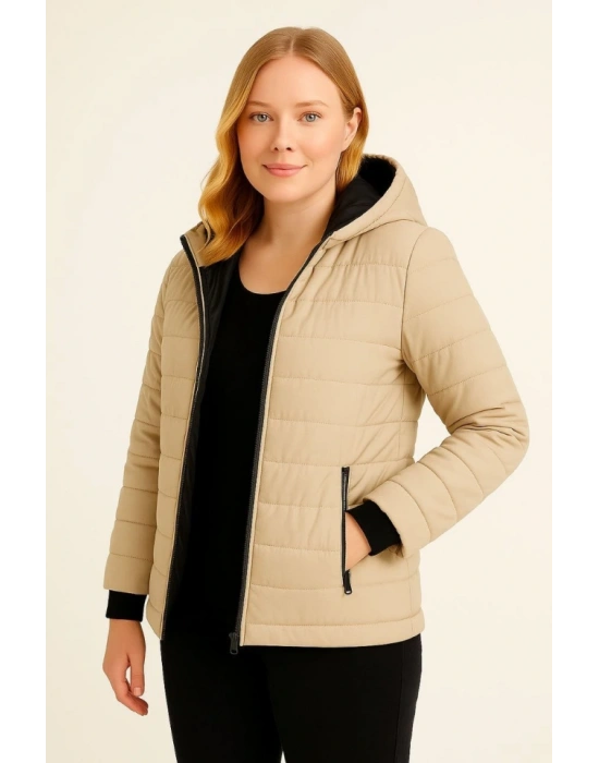 Şişme Kapüşonlu Fermuarlı ont u Itici Kapitone Astarlı Kumaş Cepli Kışlık Rahat Kalıp  Bej