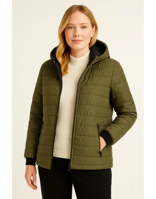 Şişme Kapüşonlu Fermuarlı ont u Itici Kapitone Astarlı Kumaş Cepli Kışlık Rahat Kalıp  Haki