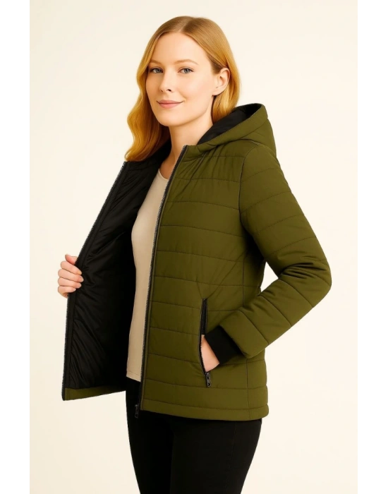 Şişme Kapüşonlu Fermuarlı ont u Itici Kapitone Astarlı Kumaş Cepli Kışlık Rahat Kalıp  Haki