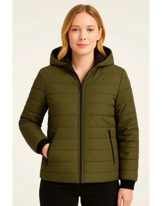 Şişme Kapüşonlu Fermuarlı ont u Itici Kapitone Astarlı Kumaş Cepli Kışlık Rahat Kalıp  Haki