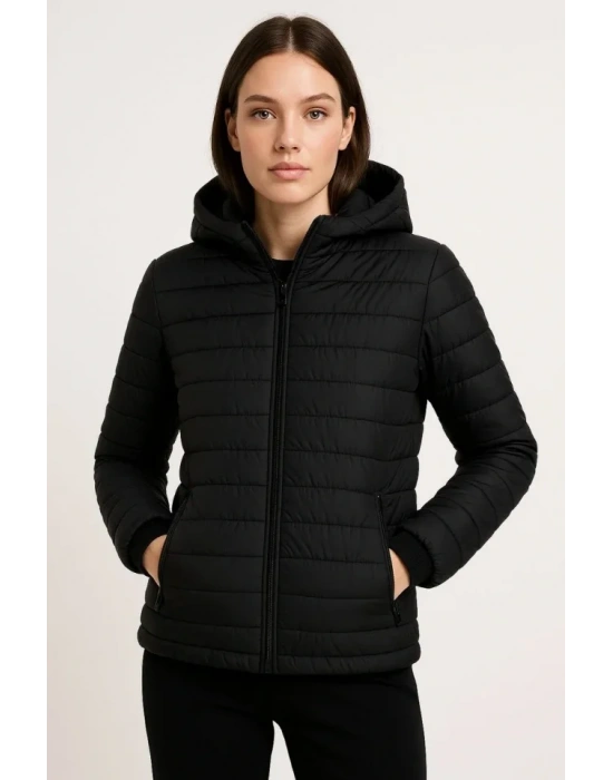 Şişme Kapüşonlu Fermuarlı ont u Itici Kapitone Astarlı Kumaş Cepli Kışlık Rahat Kalıp  iyah