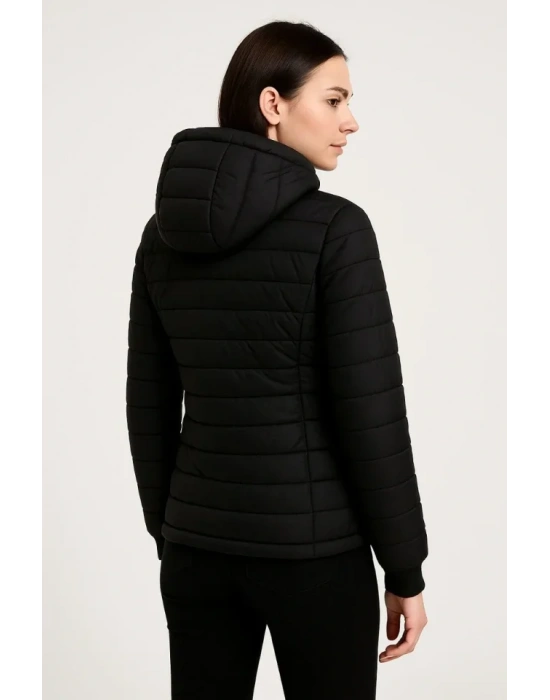 Şişme Kapüşonlu Fermuarlı ont u Itici Kapitone Astarlı Kumaş Cepli Kışlık Rahat Kalıp  iyah