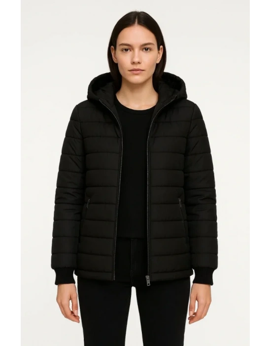 Şişme Kapüşonlu Fermuarlı ont u Itici Kapitone Astarlı Kumaş Cepli Kışlık Rahat Kalıp  iyah