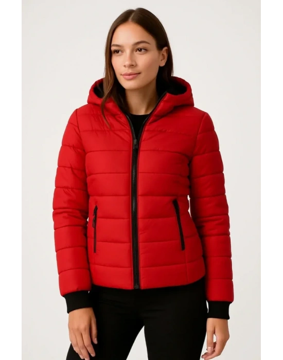 Şişme Kapüşonlu Fermuarlı ont u Itici Kapitone Astarlı Kumaş Cepli Kışlık Rahat Kalıp  Kırmızı