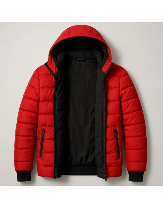 Şişme Kapüşonlu Fermuarlı ont u Itici Kapitone Astarlı Kumaş Cepli Kışlık Rahat Kalıp  Kırmızı