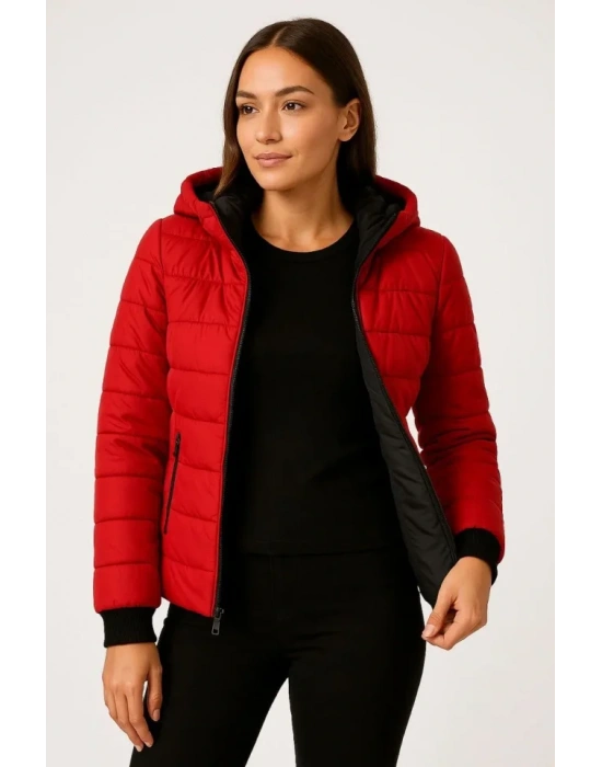 Şişme Kapüşonlu Fermuarlı ont u Itici Kapitone Astarlı Kumaş Cepli Kışlık Rahat Kalıp  Kırmızı