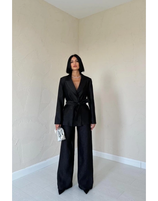 Siyah Beli Kuşaklı Ceket Ve Pantolon Parlak Takım