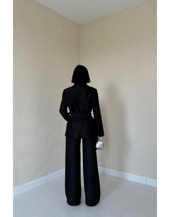 Siyah Beli Kuşaklı Ceket Ve Pantolon Parlak Takım