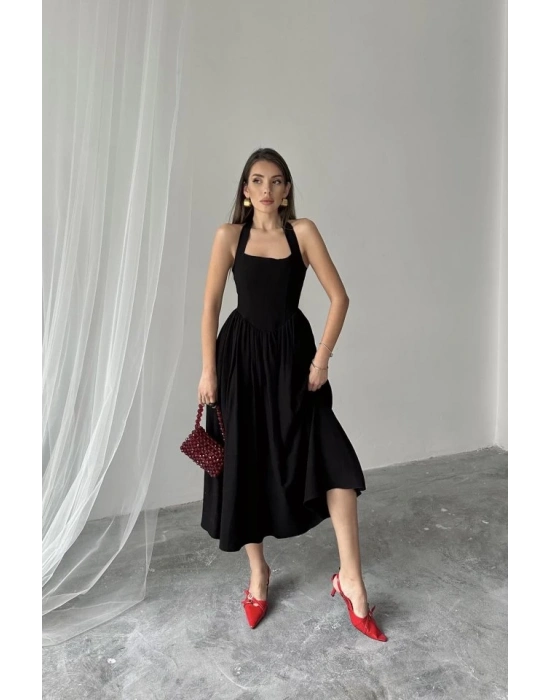 Siyah Boyundan Bağlamalı Keten Elbise