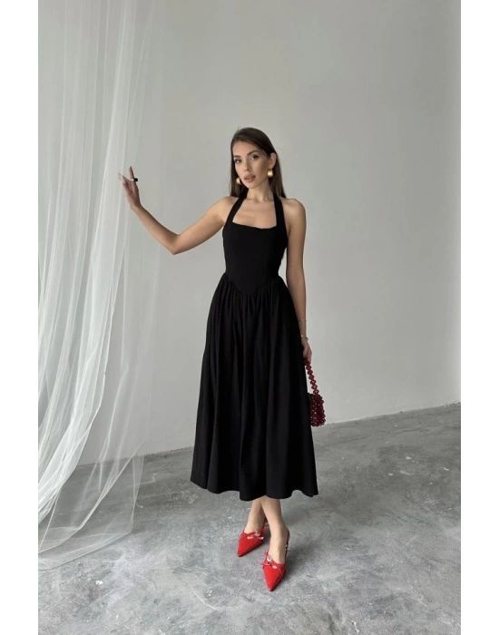 Siyah Boyundan Bağlamalı Keten Elbise