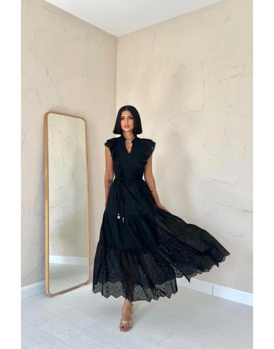 Siyah Fırfırlı Düğmeli Elbise