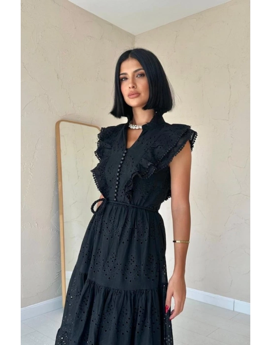 Siyah Fırfırlı Düğmeli Elbise